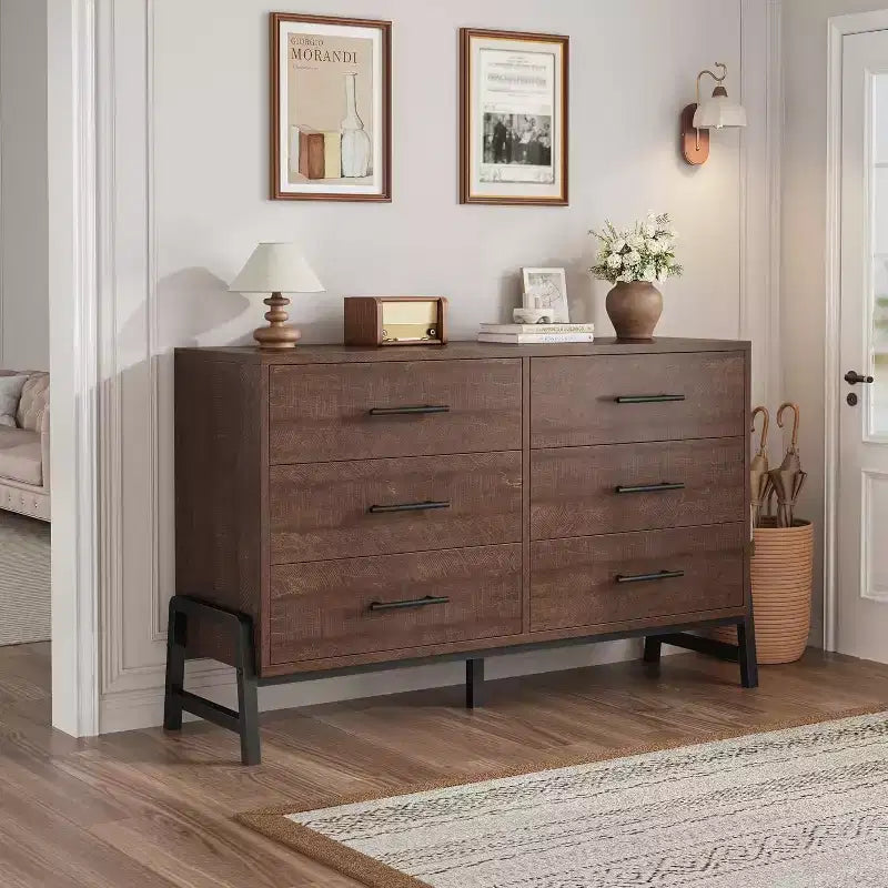Commode large COZONY à 6 tiroirs, grande armoire de rangement en bois, organisateur de placard autoportant pour chambre, salon, entrée