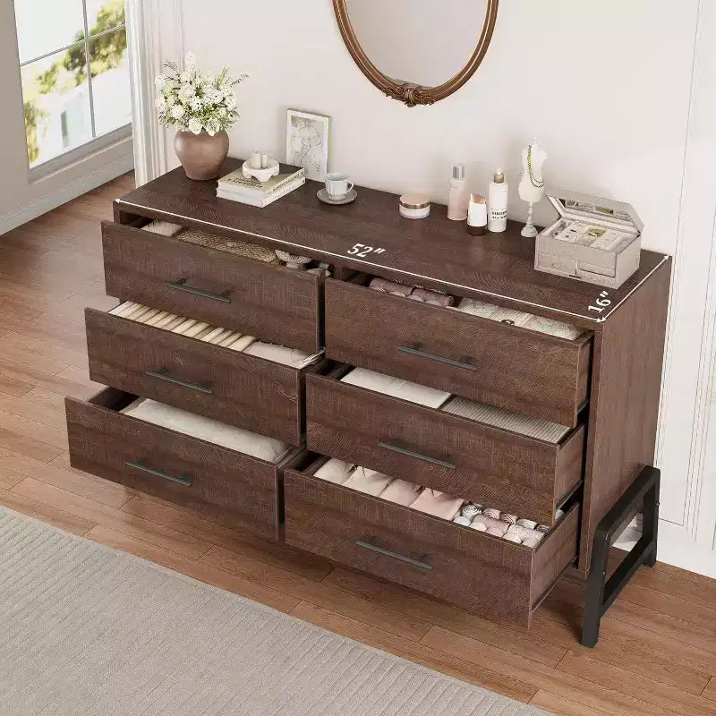 Commode large COZONY à 6 tiroirs, grande armoire de rangement en bois, organisateur de placard autoportant pour chambre, salon, entrée