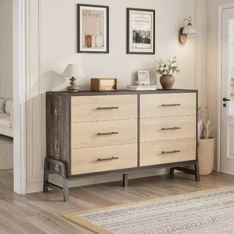 Commode large COZONY à 6 tiroirs, grande armoire de rangement en bois, organisateur de placard autoportant pour chambre, salon, entrée