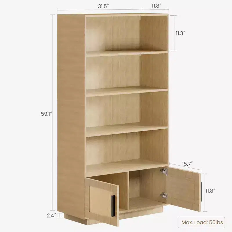 Étagère CuisinSmart à 5 niveaux en rotin avec armoire de rangement et porte, bibliothèque industrielle haute avec étagères ouvertes pour salon et chambre