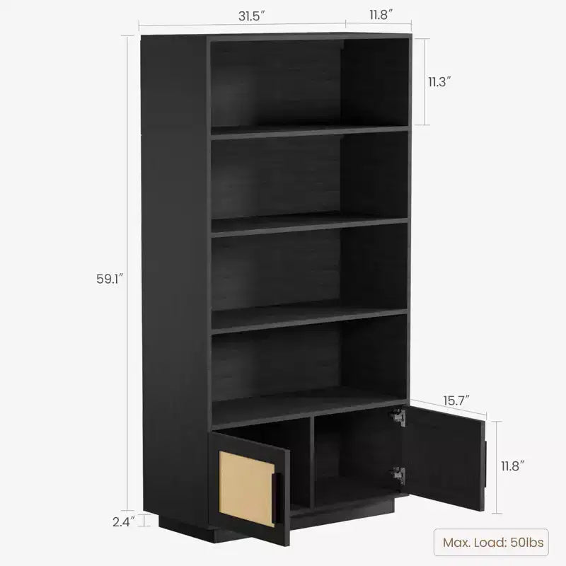 Étagère CuisinSmart à 5 niveaux en rotin avec armoire de rangement et porte, bibliothèque industrielle haute avec étagères ouvertes pour salon et chambre