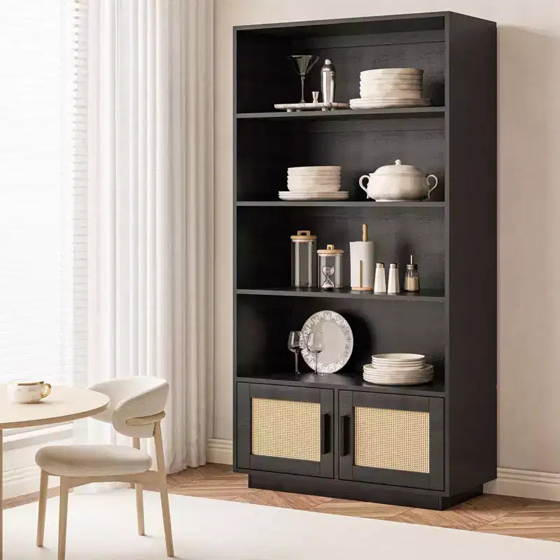 Étagère CuisinSmart à 5 niveaux en rotin avec armoire de rangement et porte, bibliothèque industrielle haute avec étagères ouvertes pour salon et chambre