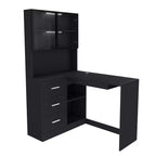Homy Casa Bureau d'angle avec huche à porte vitrée et tiroirs de rangement pour petit espace, bureau à domicile, cadeau de vacances, noir