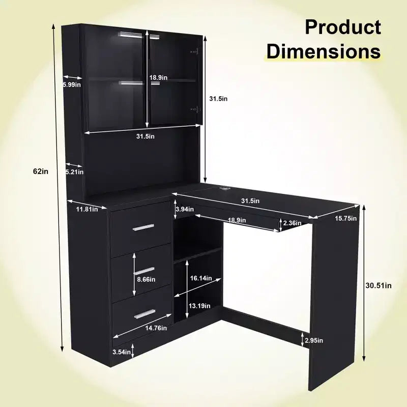 Homy Casa Bureau d'angle avec huche à porte vitrée et tiroirs de rangement pour petit espace, bureau à domicile, cadeau de vacances, noir