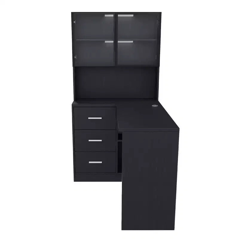 Homy Casa Bureau d'angle avec huche à porte vitrée et tiroirs de rangement pour petit espace, bureau à domicile, cadeau de vacances, noir