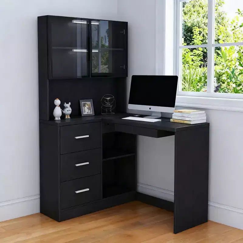 Homy Casa Bureau d'angle avec huche à porte vitrée et tiroirs de rangement pour petit espace, bureau à domicile, cadeau de vacances, noir