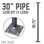 Pipe Decor Pieds de table à bride carrée 2,54 cm x 76,2 cm - Lot de 4