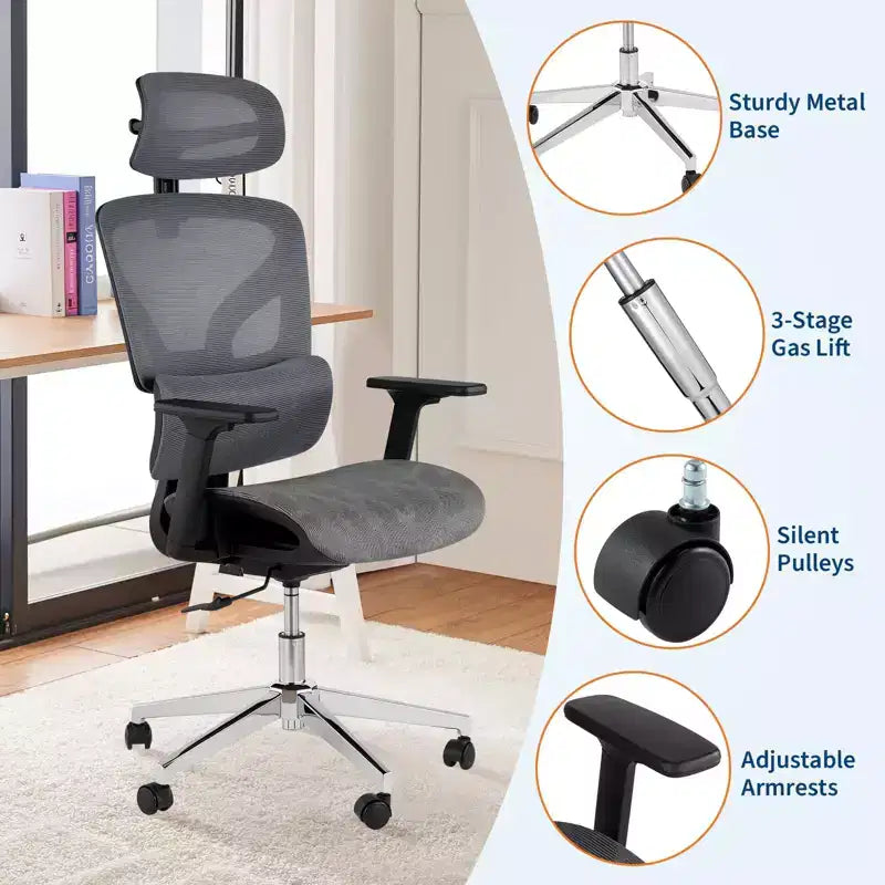 Chaise de bureau ergonomique GustoWave avec dossier en maille respirante, soutien lombaire élevé, accoudoirs réglables 3D pour le travail ou le jeu