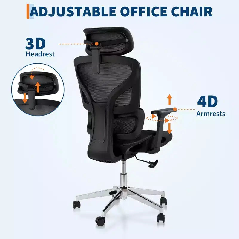 Chaise de bureau ergonomique GustoWave avec dossier en maille respirante, soutien lombaire élevé, accoudoirs réglables 3D pour le travail ou le jeu