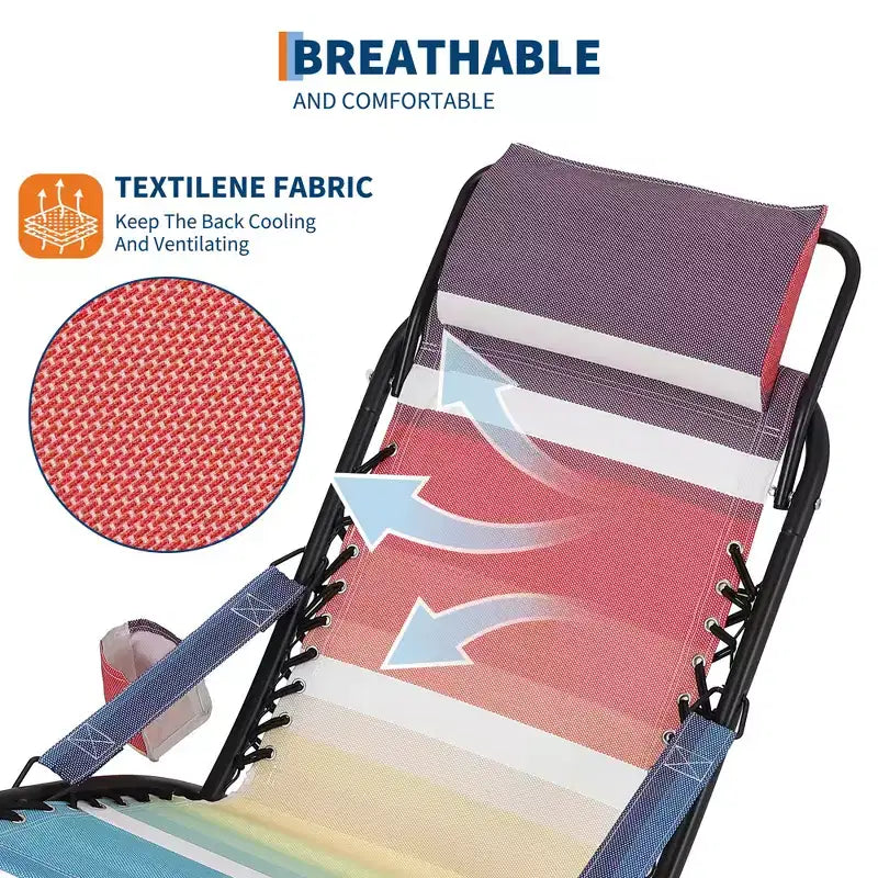 Chaise de Plage Portable pour Adultes, Chaise de Camping Pliante Extérieure avec Appui-tête, Rayures Arc-en-ciel Robustes
