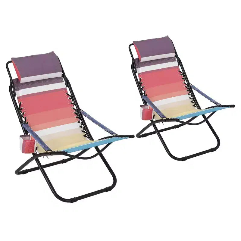 Chaise de Plage Portable pour Adultes, Chaise de Camping Pliante Extérieure avec Appui-tête, Rayures Arc-en-ciel Robustes