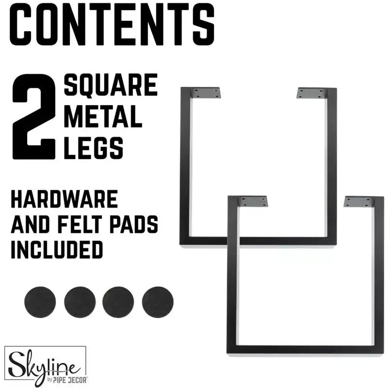 Pipe Decor Pieds de table de salle à manger ou de bureau en métal noir mat carré Skyline de 71 cm - Paquet de 2