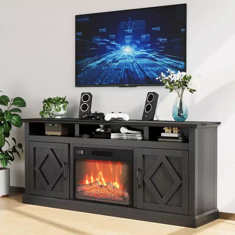 Meuble TV de 65 po avec cheminée électrique en verre de 23 po pour téléviseurs jusqu'à 80 po, meuble de divertissement moderne avec cheminée et étagère de rangement ouverte pour salon