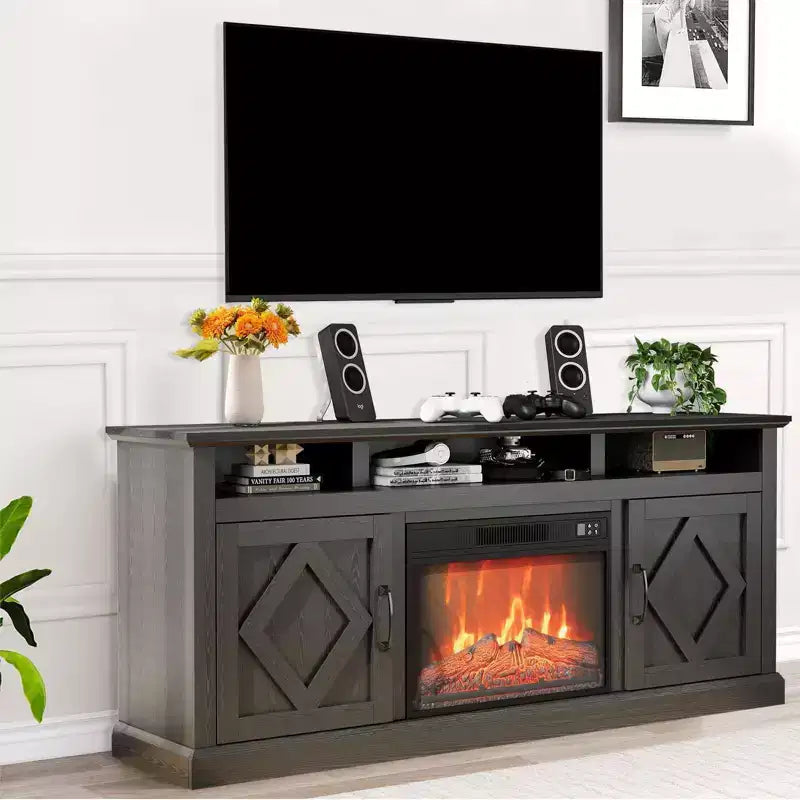 Meuble TV de 65 po avec cheminée électrique en verre de 23 po pour téléviseurs jusqu'à 80 po, meuble de divertissement moderne avec cheminée et étagère de rangement ouverte pour salon