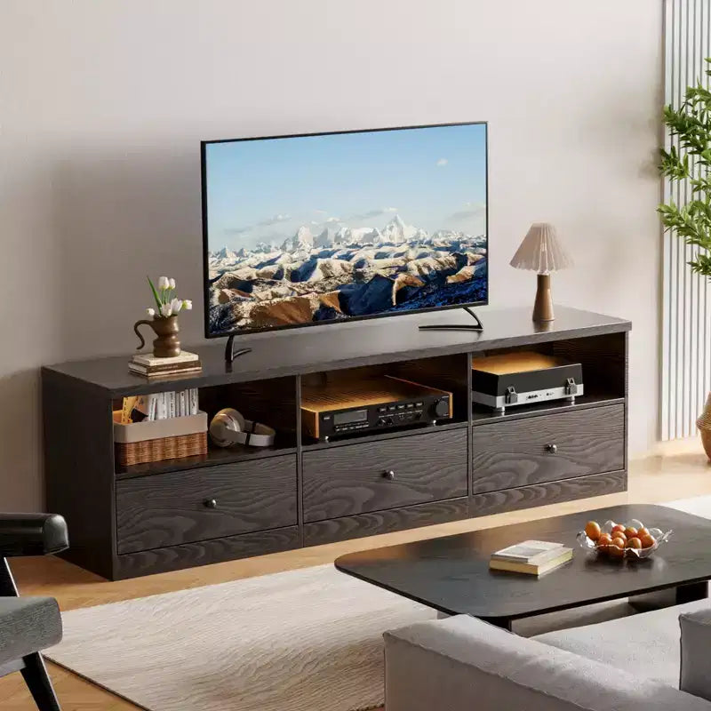 Meuble TV moderne avec grande étagère ouverte, tiroir, passe-câbles, étanche, anti-taches, résistant aux rayures