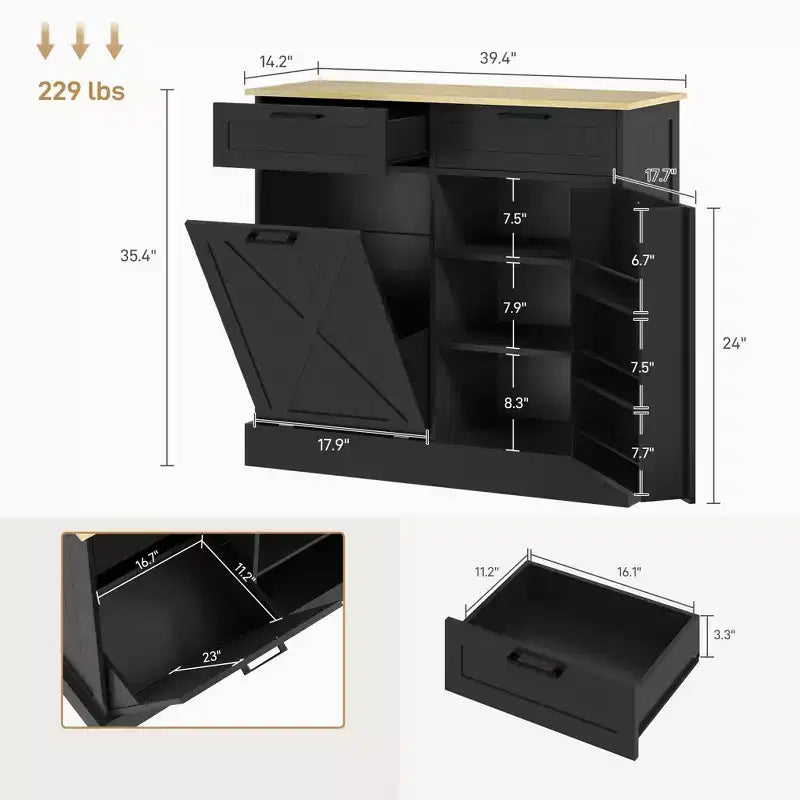 Meuble de cuisine de ferme de 10 gallons avec poubelle cachée et 2 tiroirs, meuble poubelle basculant pour la cuisine