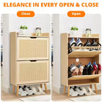 Meuble à chaussures dissimulé avec 2 tiroirs basculants en rotin et design anti-basculement, Armoire à chaussures pour entrée, couloir, rangement pour 12 à 15 paires