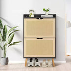 Meuble à chaussures dissimulé avec 2 tiroirs basculants en rotin et design anti-basculement, Armoire à chaussures pour entrée, couloir, rangement pour 12 à 15 paires