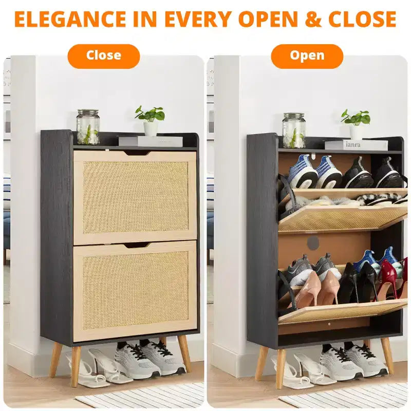 Meuble à chaussures dissimulé avec 2 tiroirs basculants en rotin et design anti-basculement, Armoire à chaussures pour entrée, couloir, rangement pour 12 à 15 paires