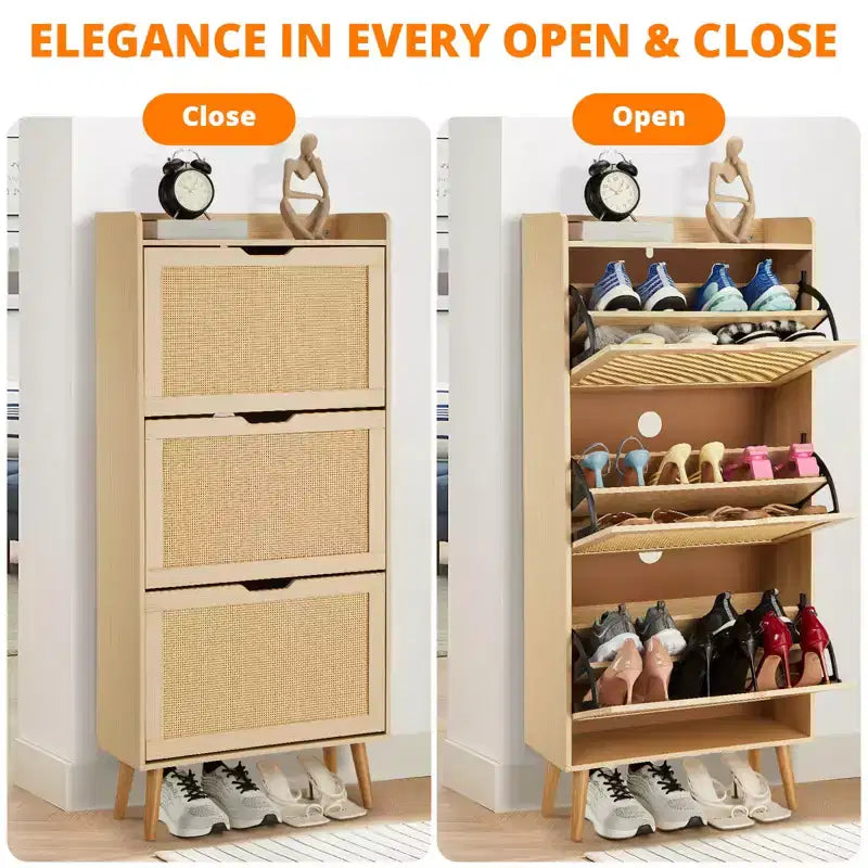 Meuble à chaussures, Organisateur de rangement étroit à 3 niveaux Panneau avant en rotin tressé Banc à chaussures peu encombrant pour l'entrée Idéal pour les couloirs et les porches