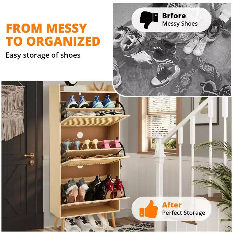 Meuble à chaussures, Organisateur de rangement étroit à 3 niveaux Panneau avant en rotin tressé Banc à chaussures peu encombrant pour l'entrée Idéal pour les couloirs et les porches