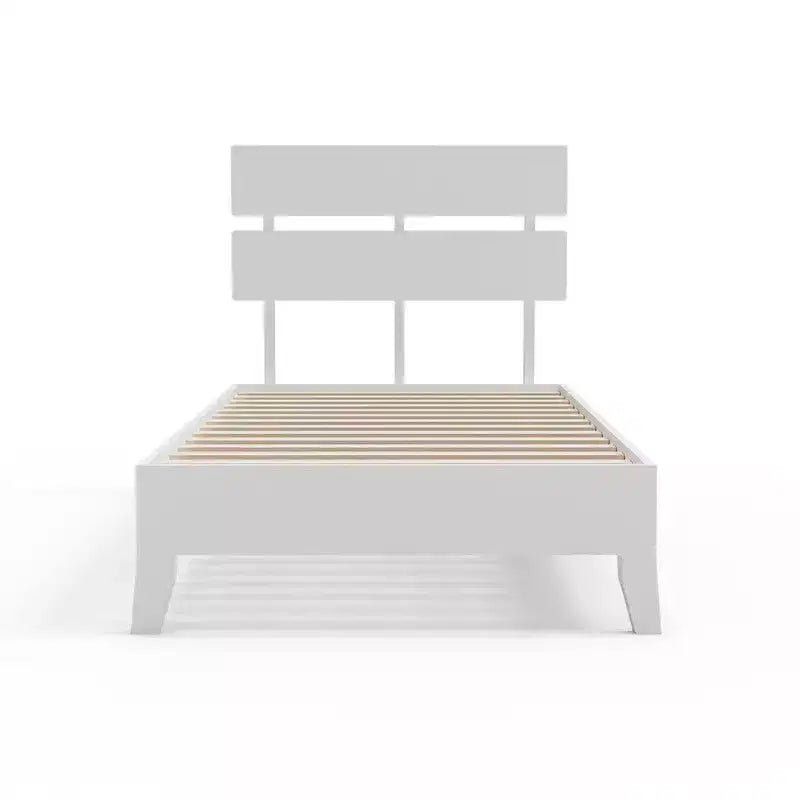 Cadre de lit en bois massif Karl Home, lit double avec tête de lit incluse, lit moderne du milieu du siècle, blanc
