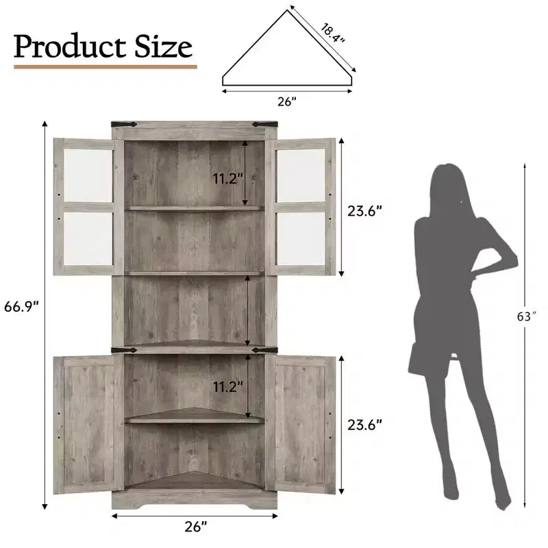 Meuble d'angle de ferme, Meuble de rangement d'angle haut avec porte vitrée et étagères réglables, Meuble de salle de bain avec rangement pour salon, salle de bain