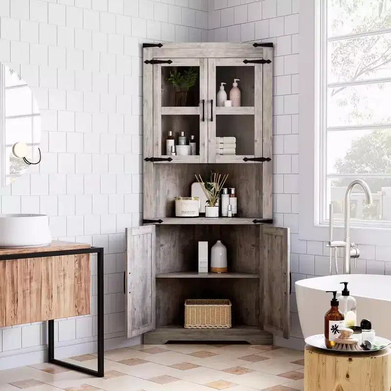 Meuble d'angle de ferme, Meuble de rangement d'angle haut avec porte vitrée et étagères réglables, Meuble de salle de bain avec rangement pour salon, salle de bain
