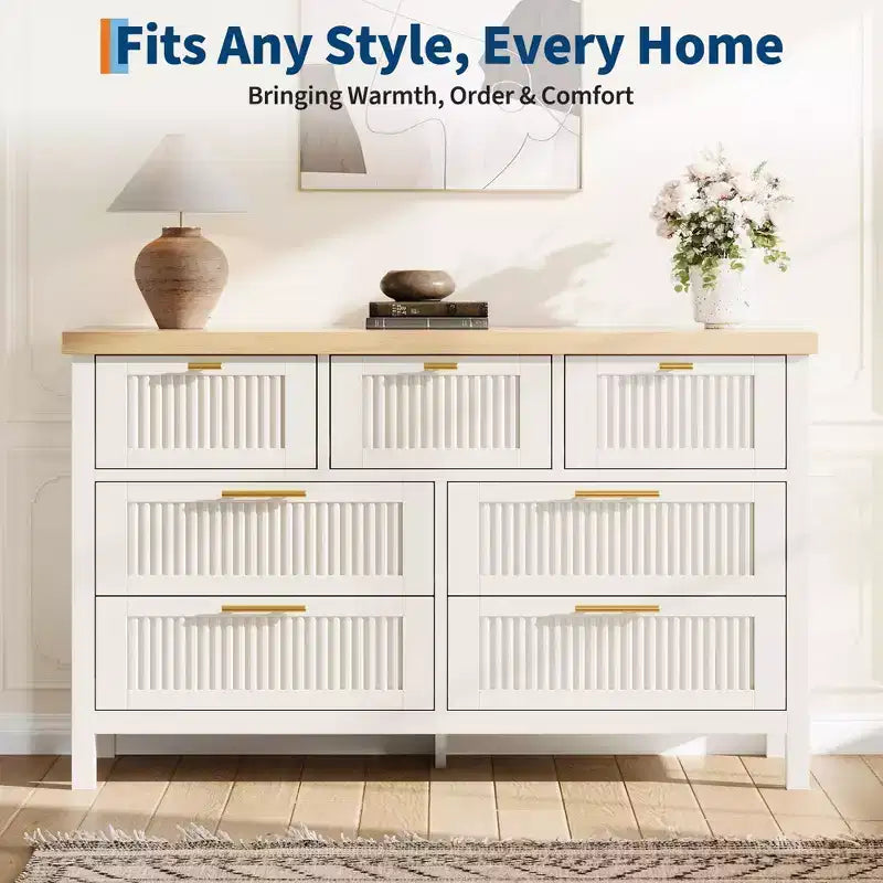 Commode à 7 tiroirs GustoWave avec façades texturées, meuble TV pour téléviseurs jusqu'à 65", pour grand coffre de rangement pour chambre, salon, entrée