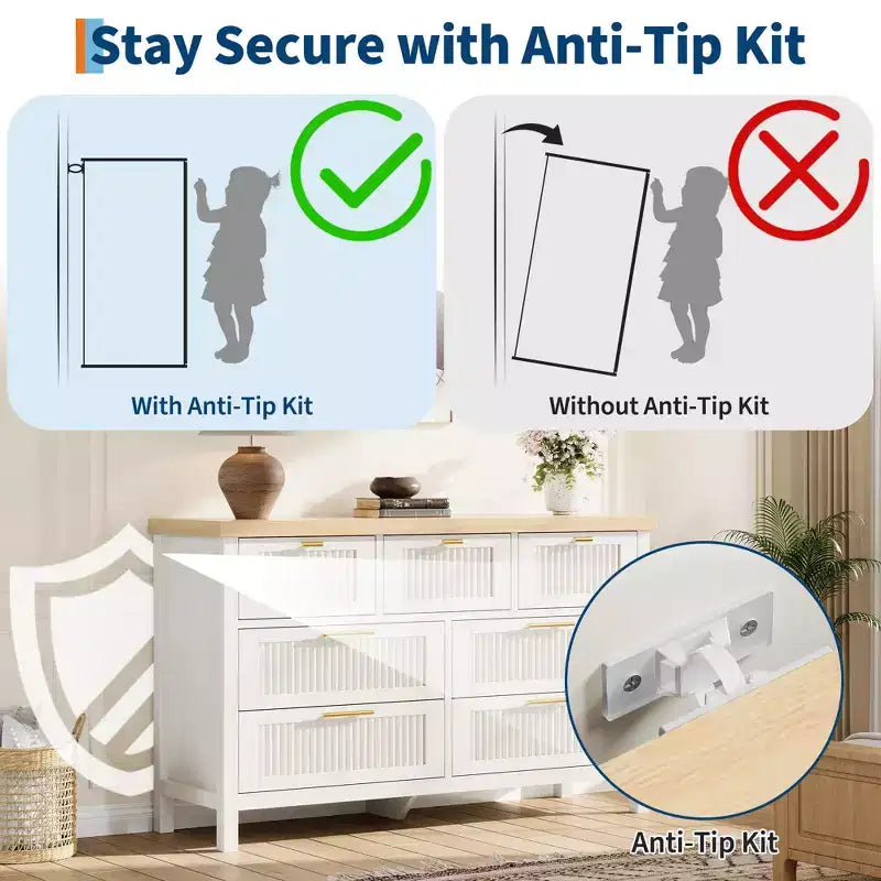 Commode à 7 tiroirs GustoWave avec façades texturées, meuble TV pour téléviseurs jusqu'à 65", pour grand coffre de rangement pour chambre, salon, entrée