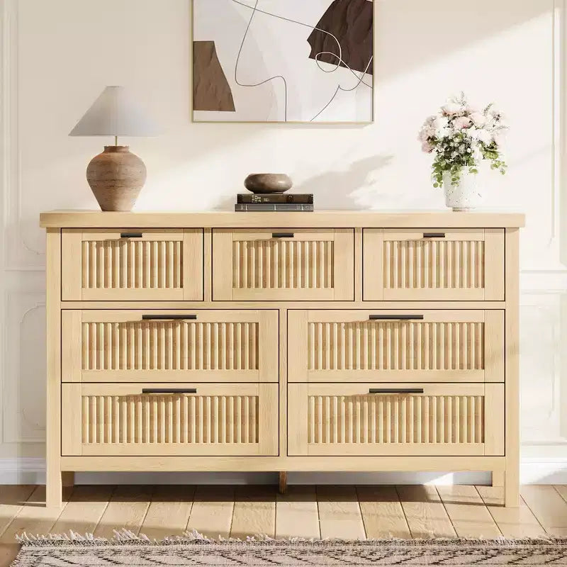 Commode à 7 tiroirs GustoWave avec façades texturées, meuble TV pour téléviseurs jusqu'à 65", pour grand coffre de rangement pour chambre, salon, entrée