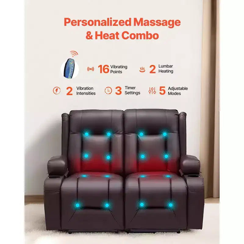 VEVOR Canapé inclinable causeuse, canapé inclinable électrique avec chauffage et massage et minuterie, canapé inclinable électrique en cuir PU avec ports USB, porte-gobelets, marron