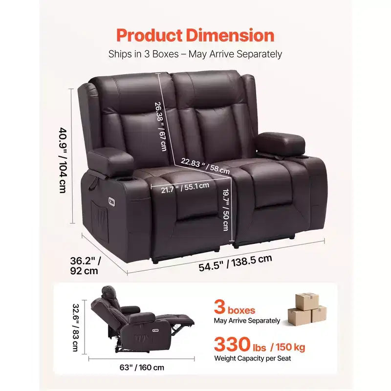 VEVOR Canapé inclinable causeuse, canapé inclinable électrique avec chauffage et massage et minuterie, canapé inclinable électrique en cuir PU avec ports USB, porte-gobelets, marron