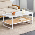 2-Tier Wood Coffee Table with Glass Top & Rattan-Style Edge, for Living Room or Bedroom