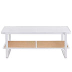 Table basse à deux niveaux en bois avec plateau en verre et bordure style rotin, pour salon ou chambre à coucher