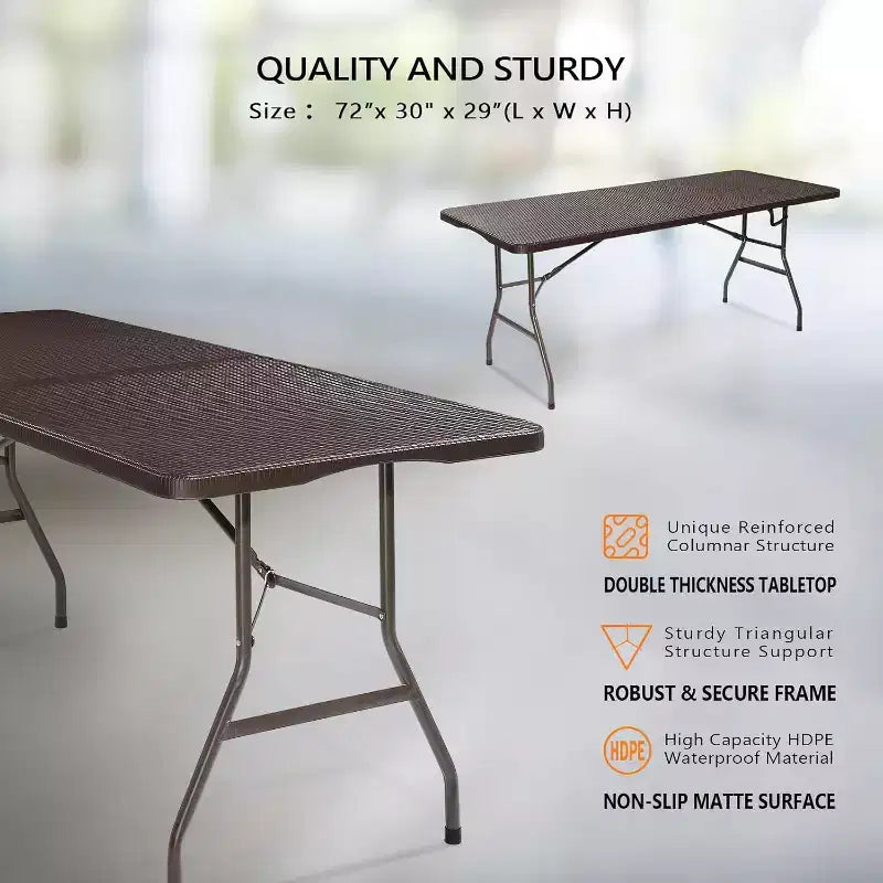 VINGLI Table pliante en plastique de 1,8 m, table longue portable pour usage intérieur/extérieur rectangulaire avec poignée de transport, plateau en PEHD motif rotin, marron