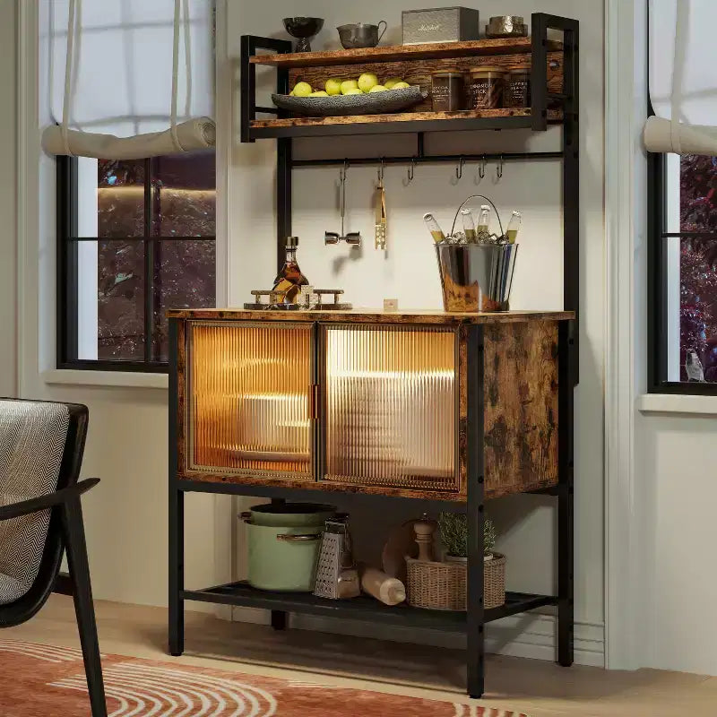 Bestier Étagère de cuisine 5 niveaux avec placards de rangement et LED, support pour micro-ondes avec armoire et crochets, station de café 59 avec étagères de rangement ouvertes