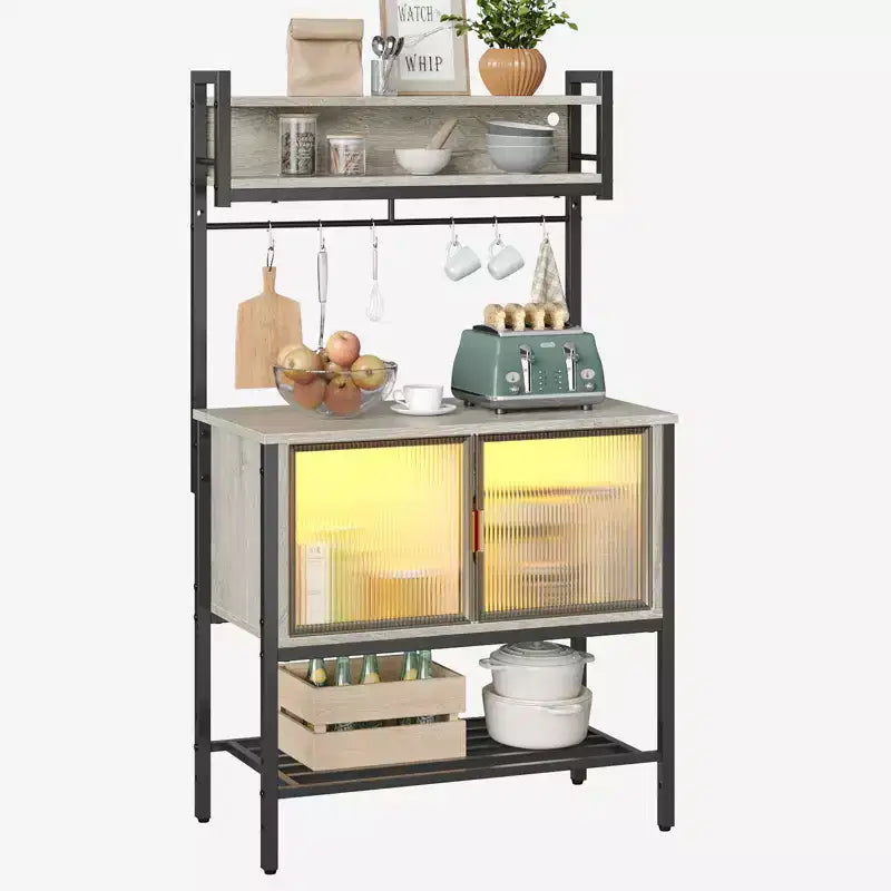 Bestier Étagère de cuisine 5 niveaux avec placards de rangement et LED, support pour micro-ondes avec armoire et crochets, station de café 59 avec étagères de rangement ouvertes