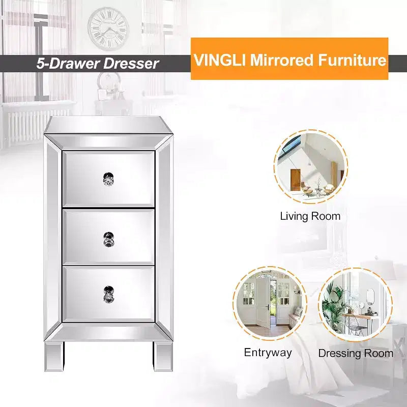 Bonnlo Table de chevet miroir à 3 tiroirs pour chambre à coucher, salon, argent, 11,7 L x 11,8 l x 23,8 H