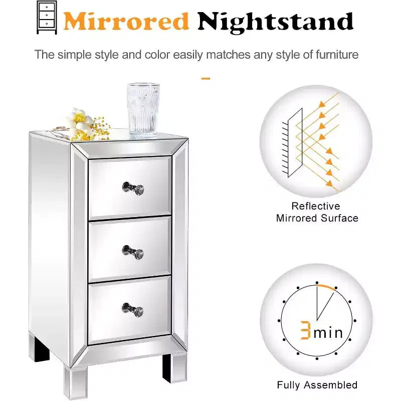 Bonnlo Table de chevet miroir à 3 tiroirs pour chambre à coucher, salon, argent, 11,7 L x 11,8 l x 23,8 H