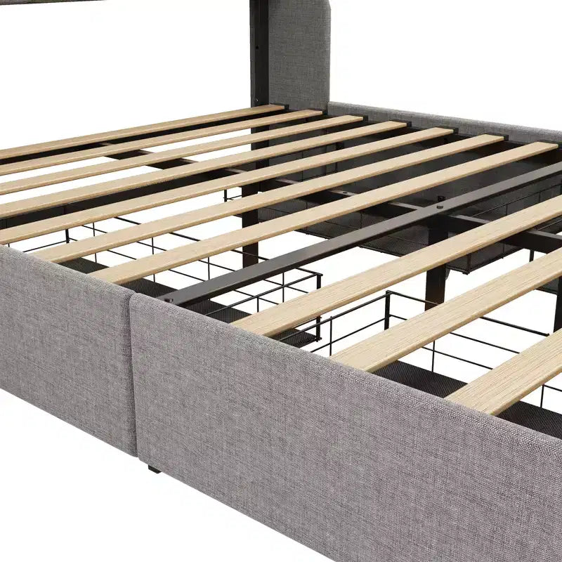 Cadre de lit double LED métallique, tête de lit en forme d'ailes + 4 tiroirs, une nouvelle expérience de rangement multifonctionnelle.