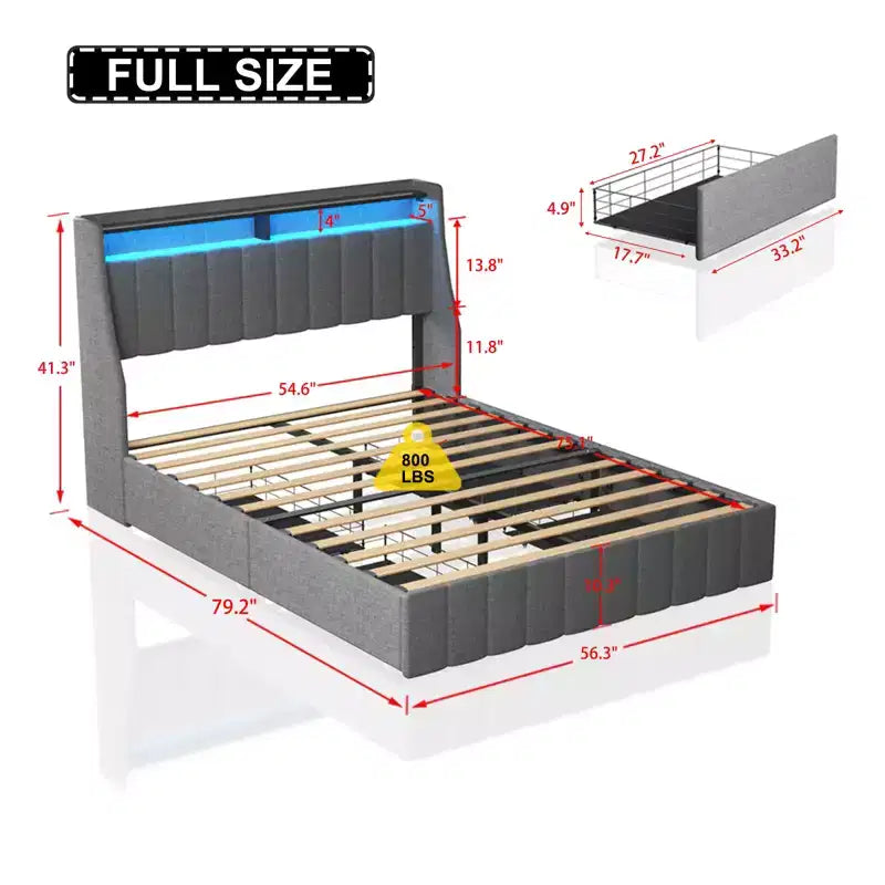 Cadre de lit double LED métallique, tête de lit en forme d'ailes + 4 tiroirs, une nouvelle expérience de rangement multifonctionnelle.