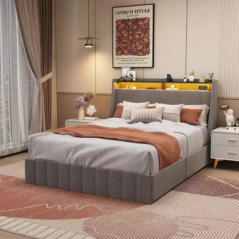 Cadre de lit double LED métallique, tête de lit en forme d'ailes + 4 tiroirs, une nouvelle expérience de rangement multifonctionnelle.