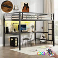 Bellemave Full Size Metal Loft Bed with Desk, Power Outlet, USB Port & LED Lights, Space-Saving Study Bed with Safety Guardrails, Black