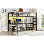 Lit mezzanine Bellemave en métal pleine grandeur avec bureau, prise de courant, port USB et lumières LED, lit d'étude peu encombrant avec barrières de sécurité, noir