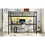 Lit mezzanine Bellemave en métal pleine grandeur avec bureau, prise de courant, port USB et lumières LED, lit d'étude peu encombrant avec barrières de sécurité, noir