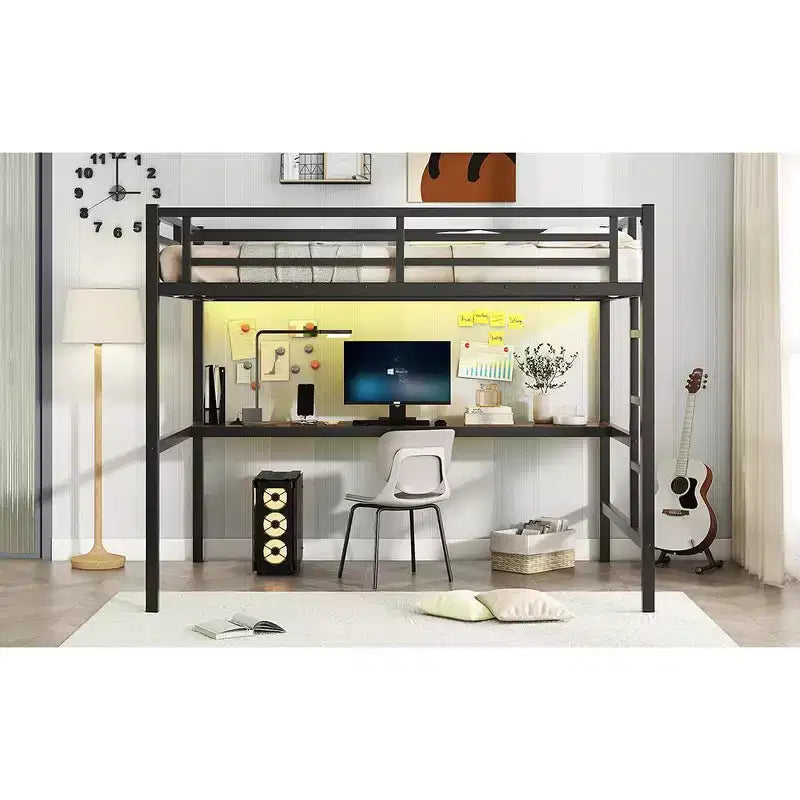 Lit mezzanine Bellemave en métal pleine grandeur avec bureau, prise de courant, port USB et lumières LED, lit d'étude peu encombrant avec barrières de sécurité, noir