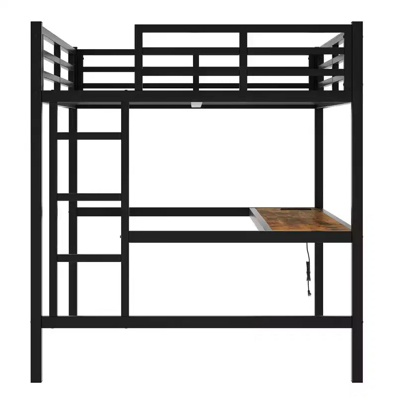Lit mezzanine Bellemave en métal pleine grandeur avec bureau, prise de courant, port USB et lumières LED, lit d'étude peu encombrant avec barrières de sécurité, noir