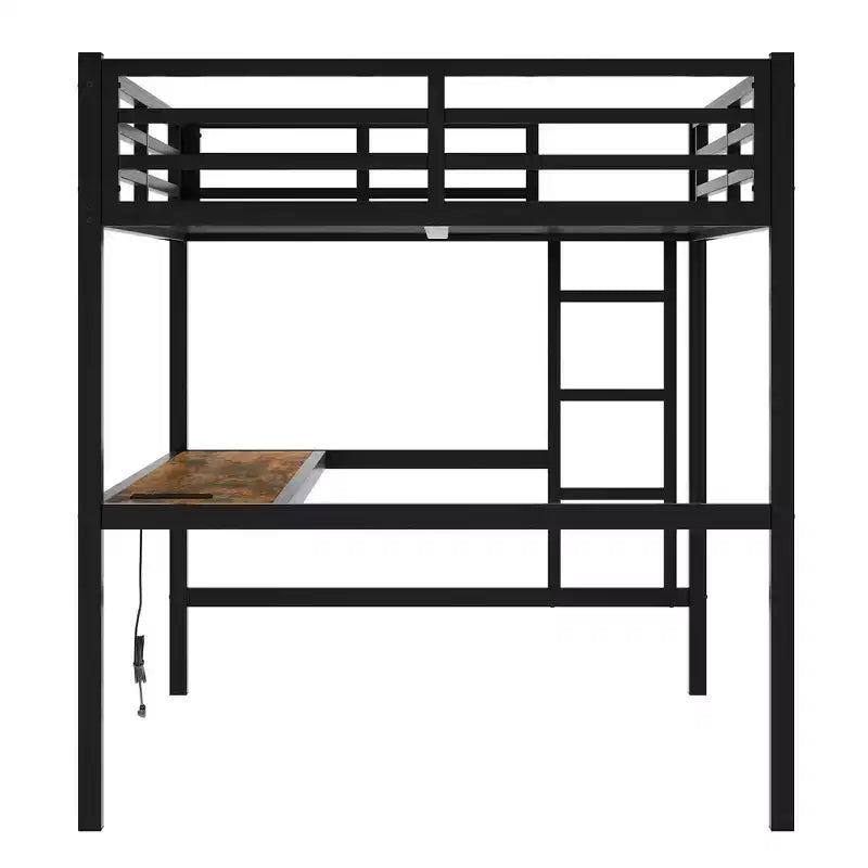 Lit mezzanine Bellemave en métal pleine grandeur avec bureau, prise de courant, port USB et lumières LED, lit d'étude peu encombrant avec barrières de sécurité, noir
