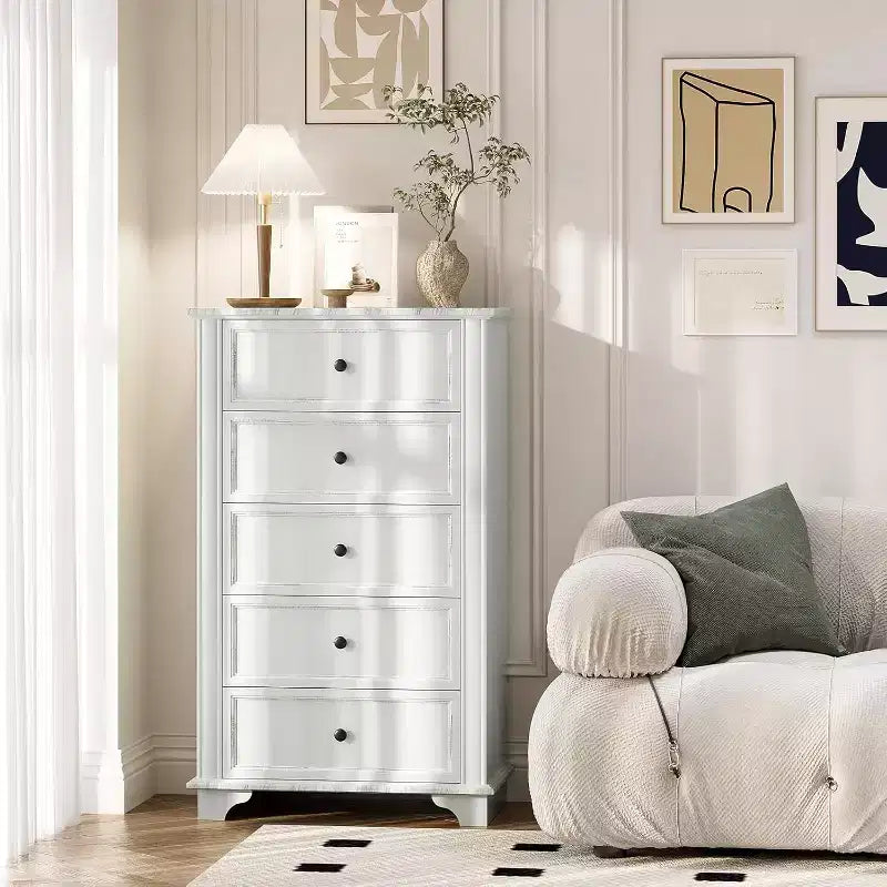 Commode haute VINGLI avec 5 tiroirs, commode en bois blanc pour chambre à coucher